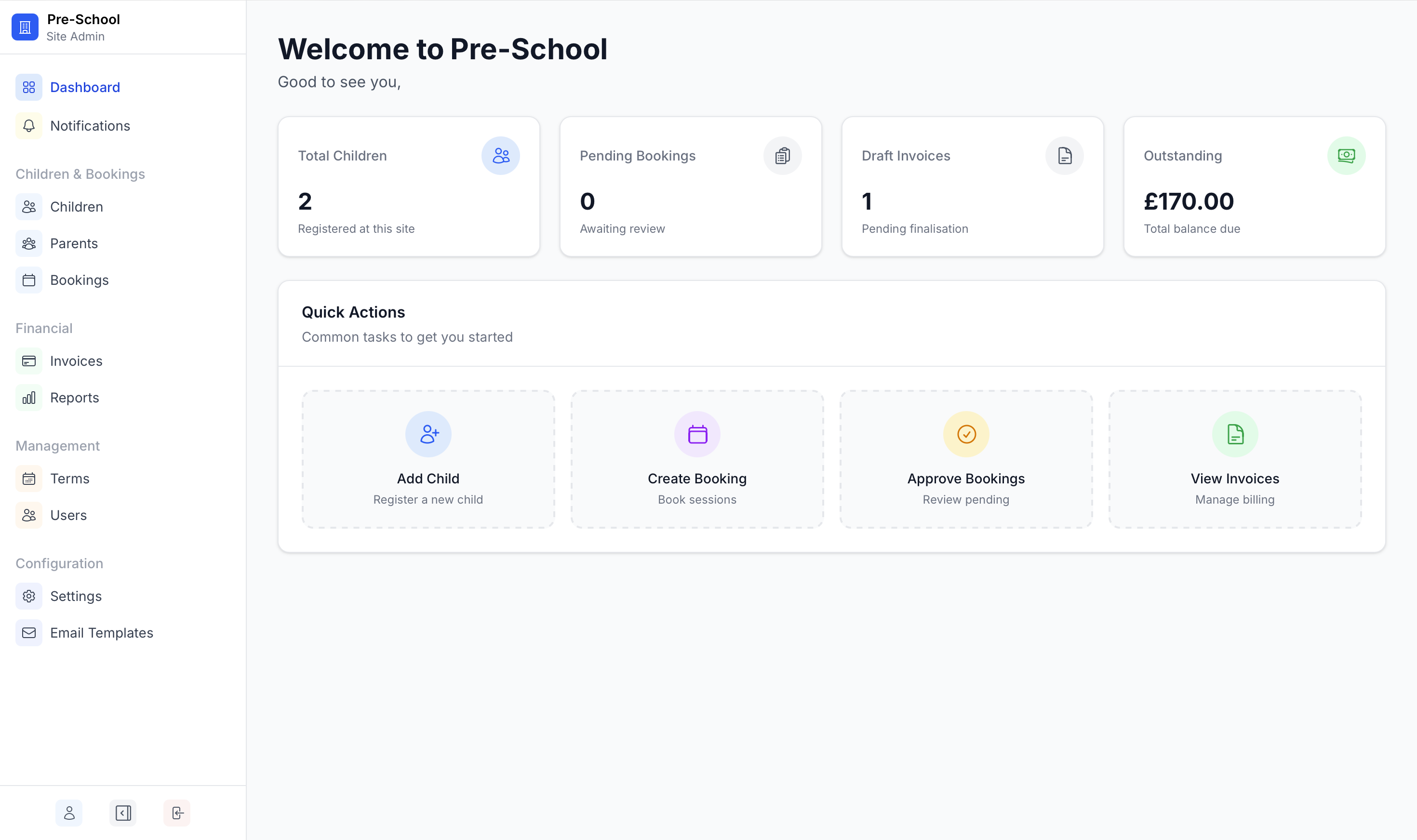 Little Starlings dashboard showing children, bookings, invoices and quick actions