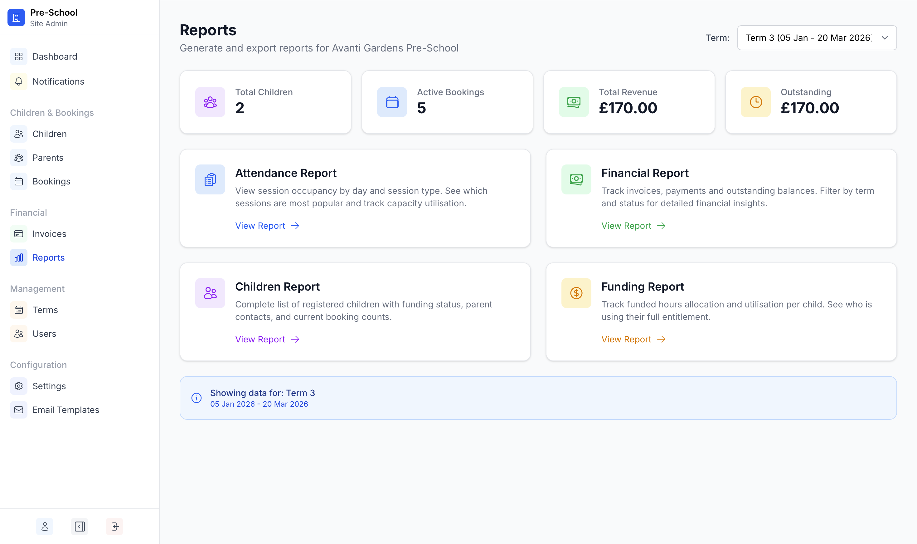 Reports dashboard showing attendance, financial, children and funding reports