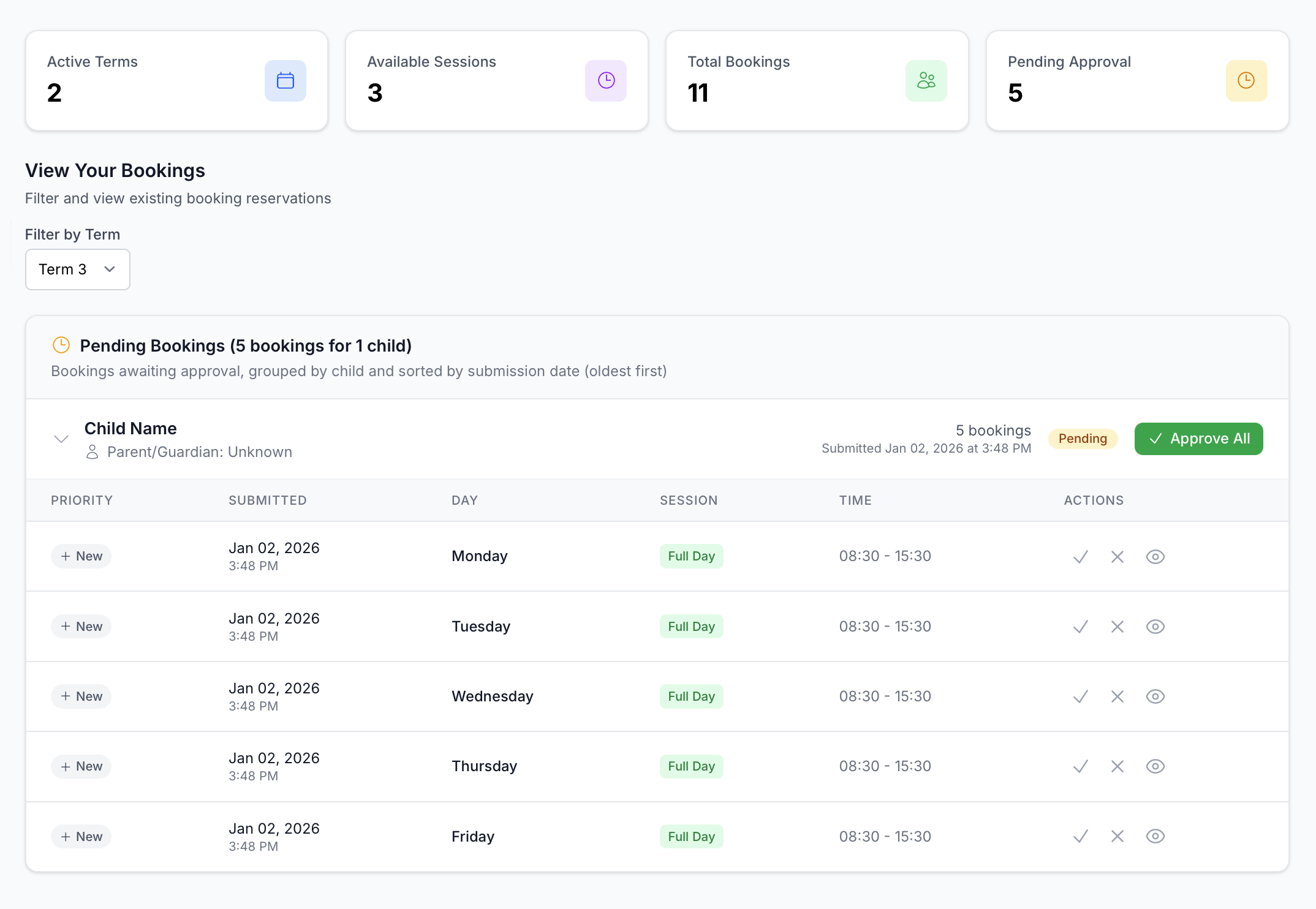 Booking approvals with pending requests and one-click approve