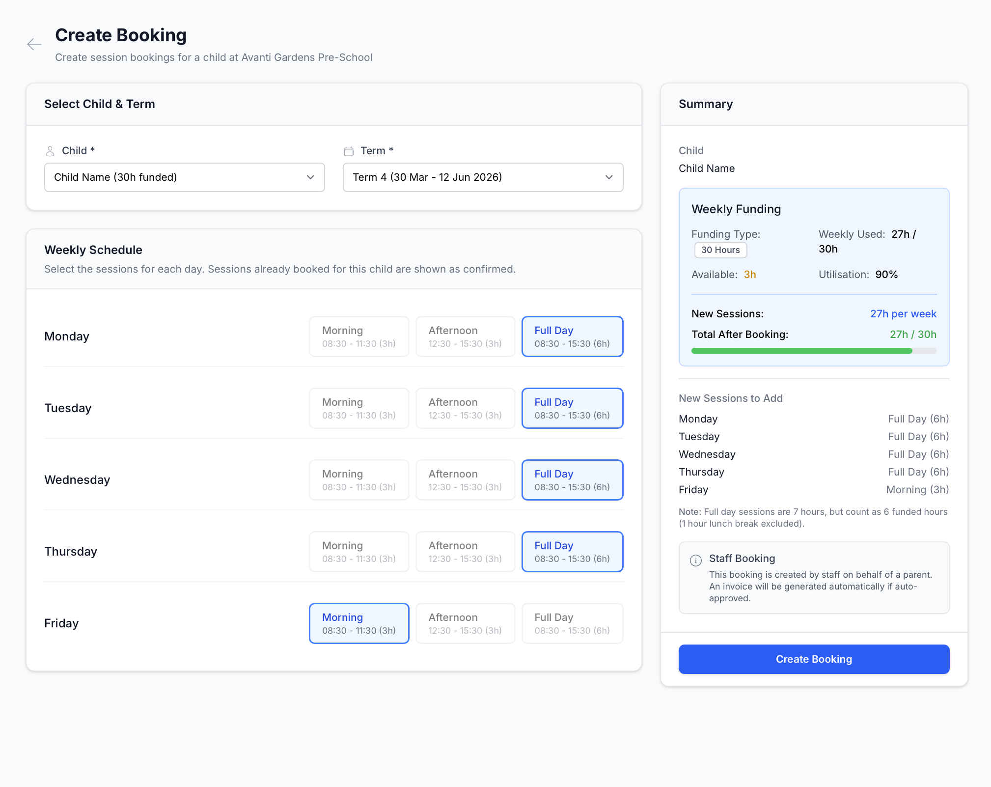 Parent booking interface for children's sessions