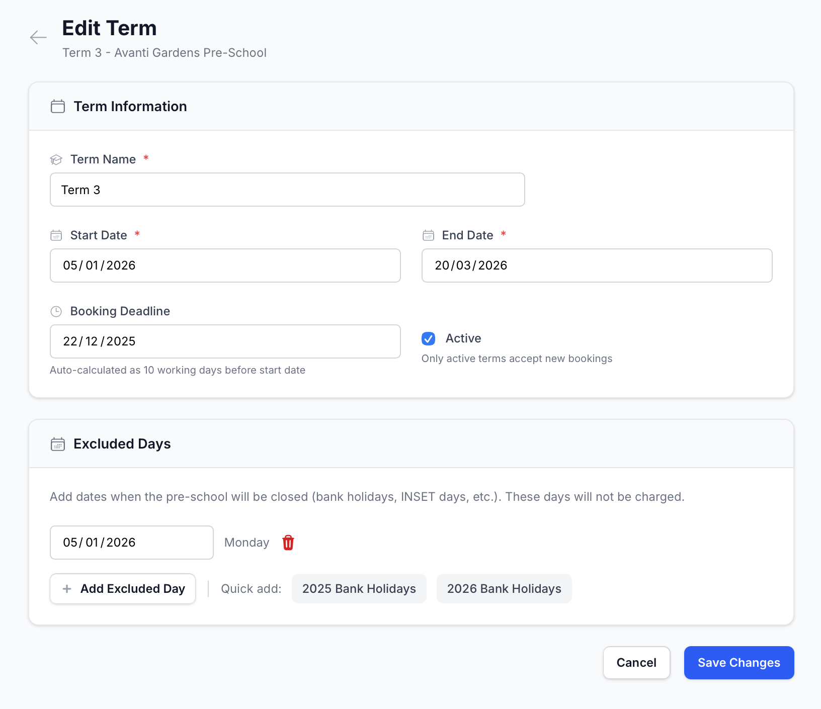 Term management with dates, deadlines and excluded days